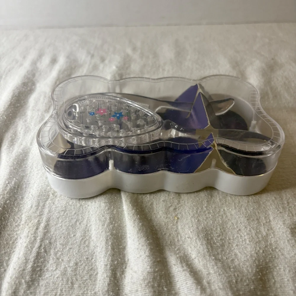 Vtg Sanitoy Childs Hairbrush & Comb Set Clear Pink/Blue Flower Orig Plastic Case